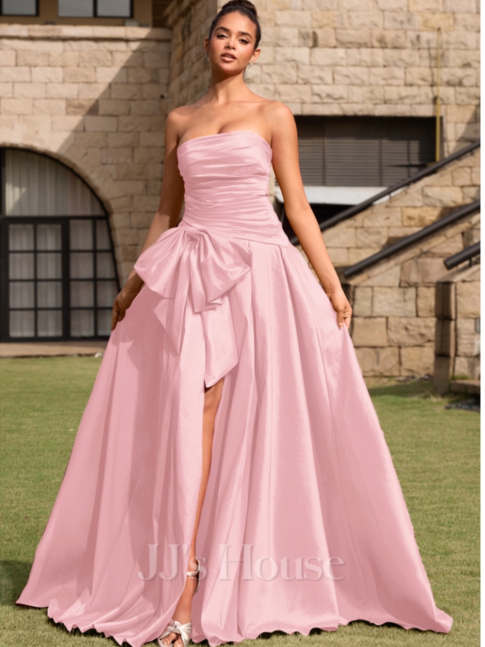 NWOT JJs House Blush Pink Strapless Ruched Ball Gown with Side Bow